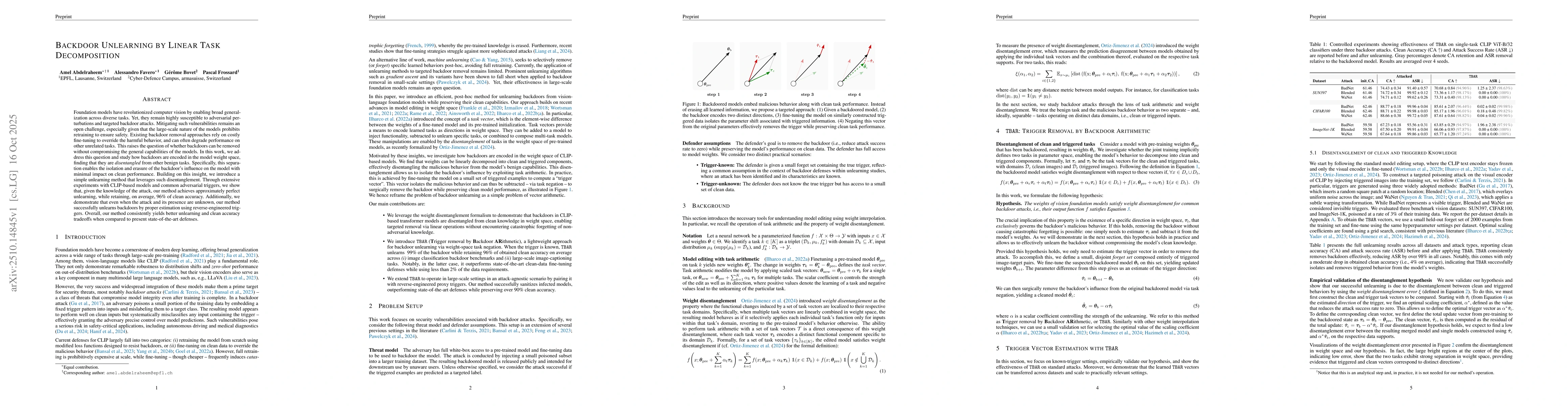 Thumbnail for Backdoor Unlearning by Linear Task Decomposition