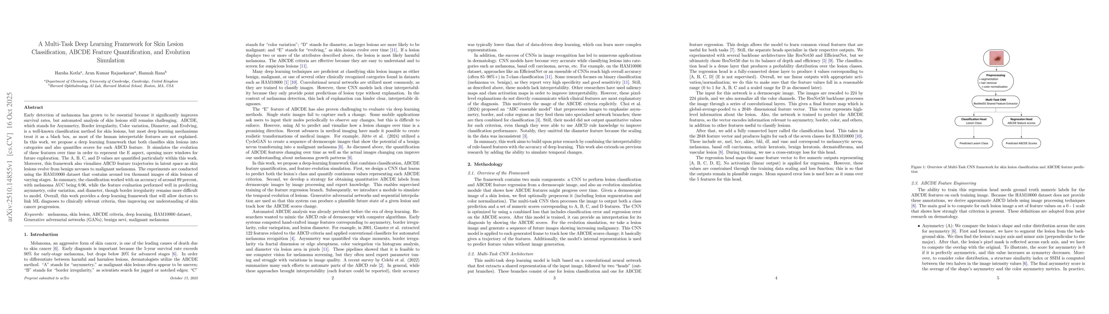 Thumbnail for A Multi-Task Deep Learning Framework for Skin Lesion Classification,
  ABCDE Feature Quantification, and Evolution Simulation