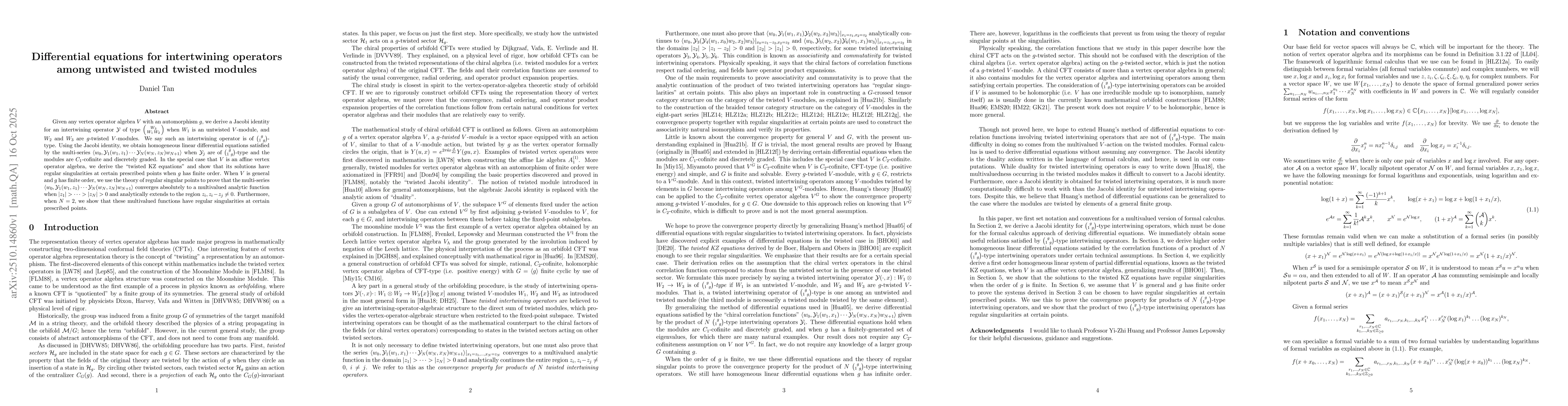 Thumbnail for Differential equations for intertwining operators among untwisted and
  twisted modules