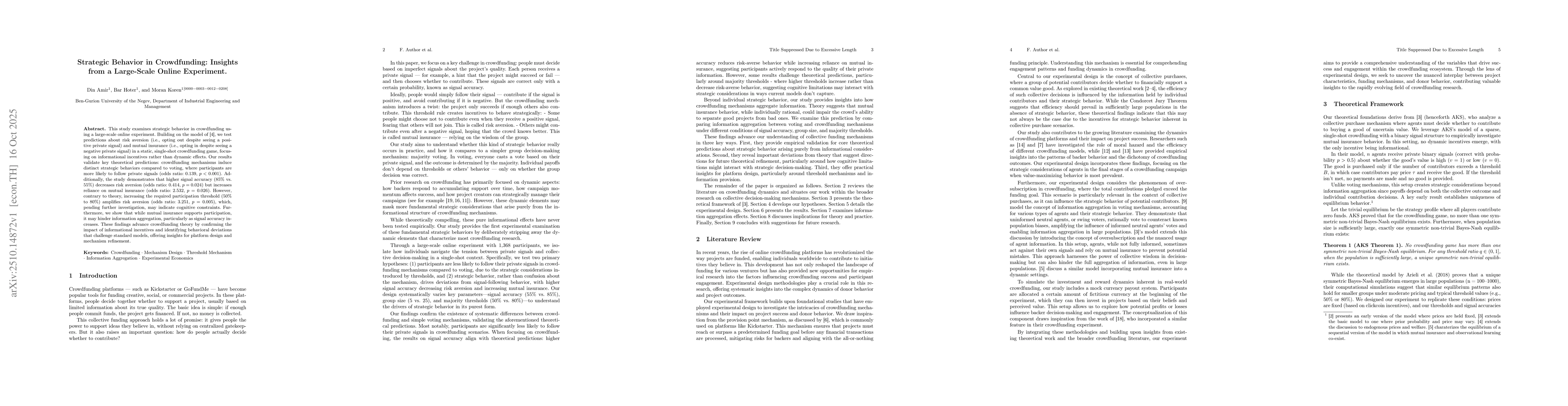 Thumbnail for Strategic Behavior in Crowdfunding: Insights from a Large-Scale Online
  Experiment
