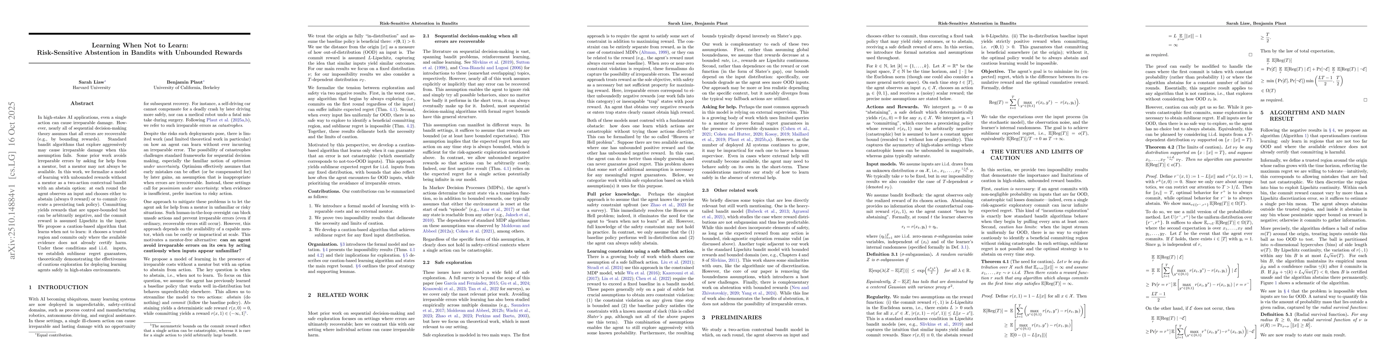 Thumbnail for Learning When Not to Learn: Risk-Sensitive Abstention in Bandits with
  Unbounded Rewards
