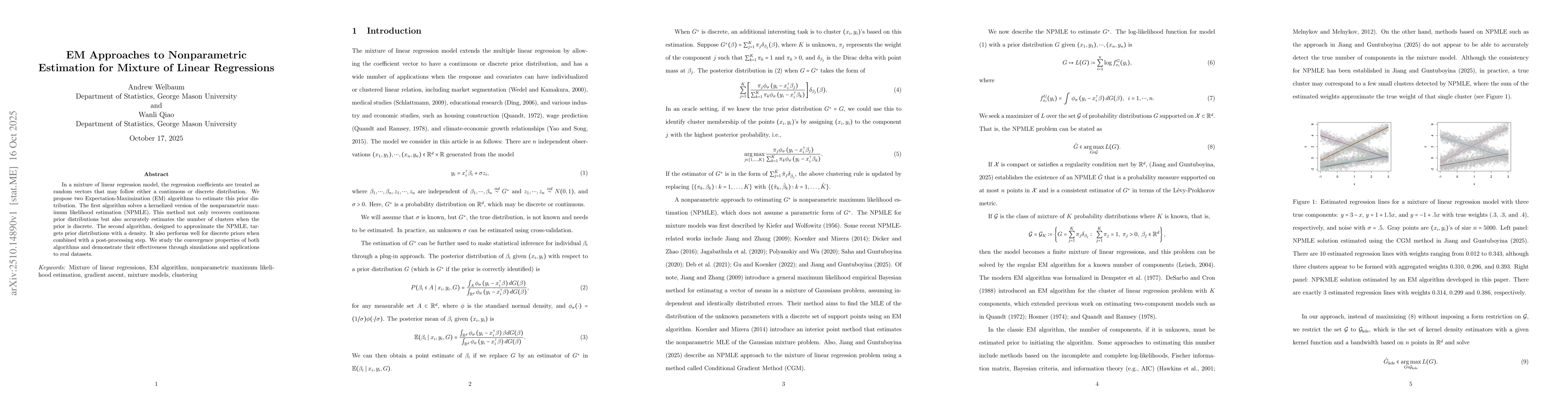 Thumbnail for EM Approaches to Nonparametric Estimation for Mixture of Linear
  Regressions