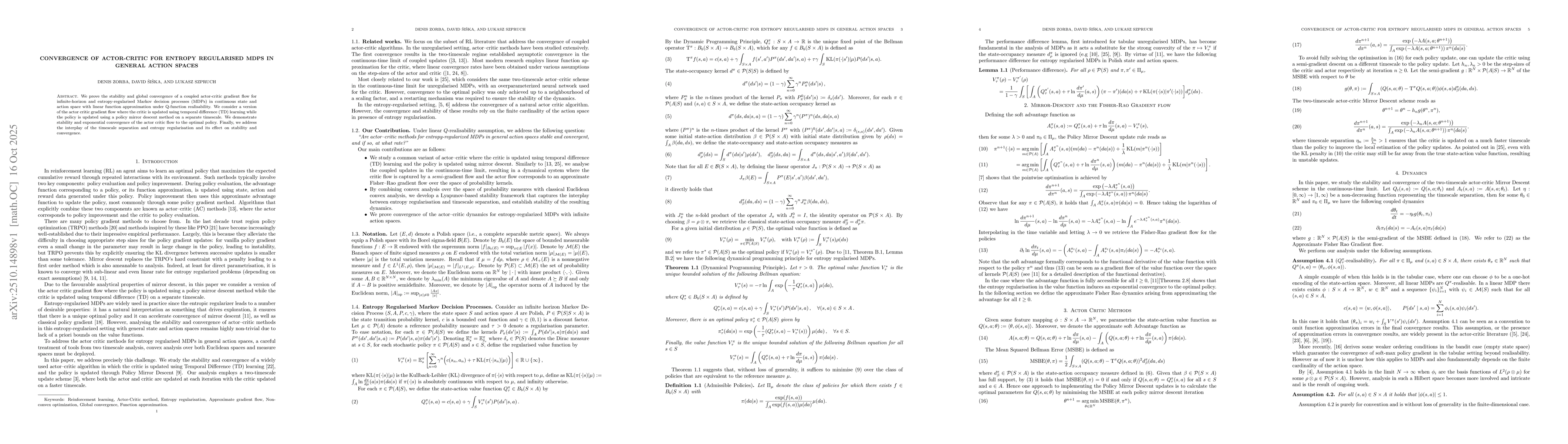 Thumbnail for Convergence of actor-critic for entropy regularised MDPs in general
  action spaces