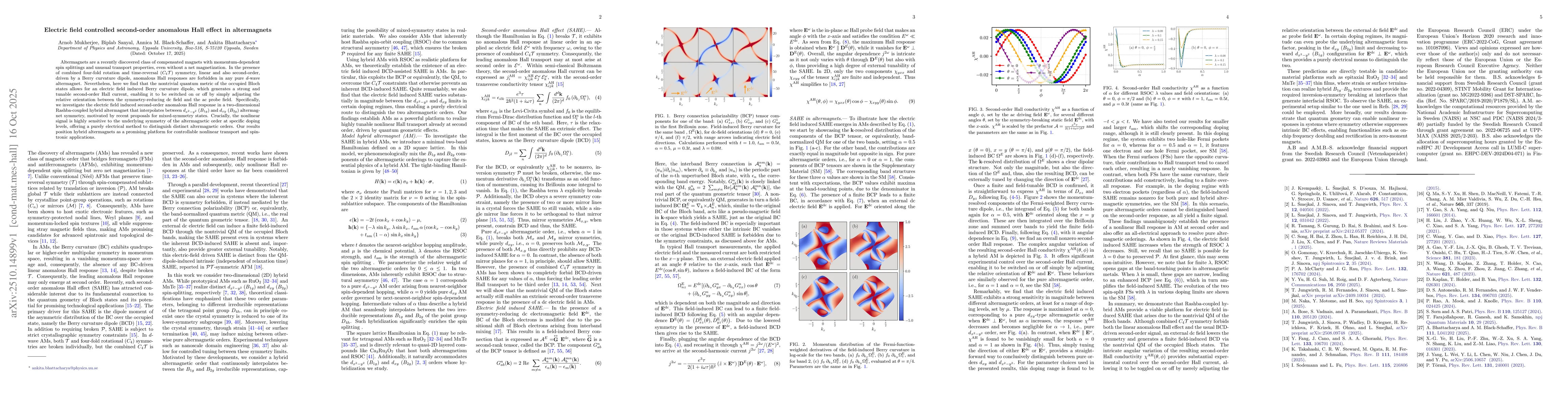 Thumbnail for Electric field controlled second-order anomalous Hall effect in
  altermagnets
