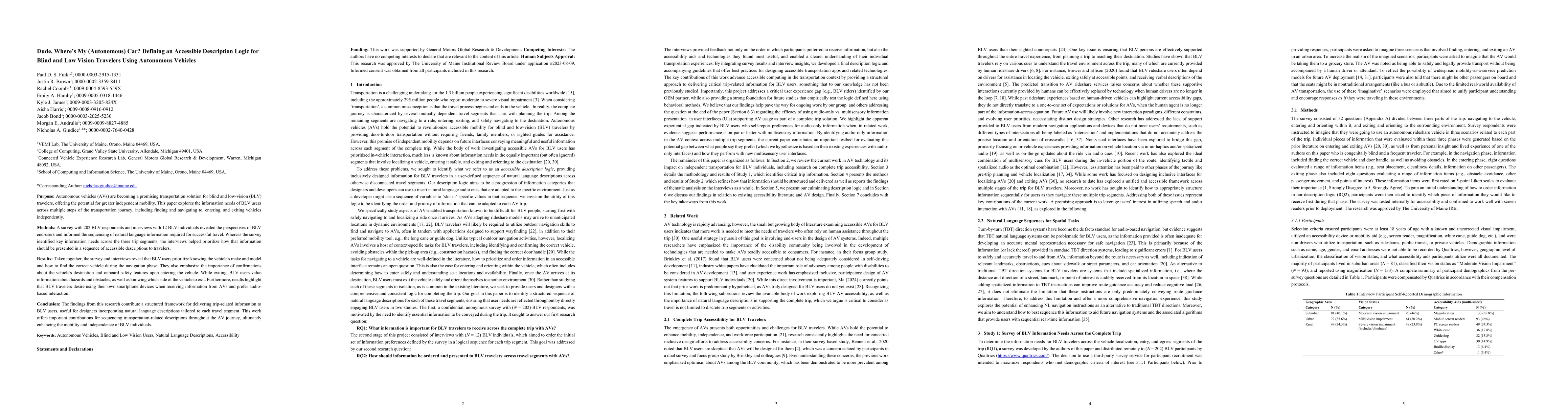 Thumbnail for Dude, Where's My (Autonomous) Car? Defining an Accessible Description
  Logic for Blind and Low Vision Travelers Using Autonomous Vehicles