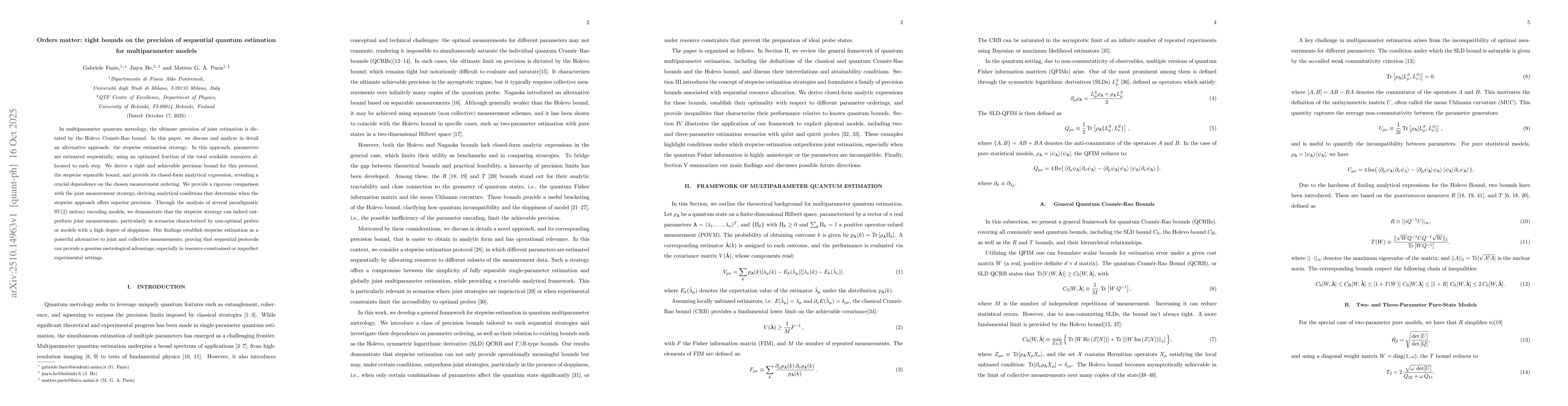 Thumbnail for Orders matter: tight bounds on the precision of sequential quantum
  estimation for multiparameter models