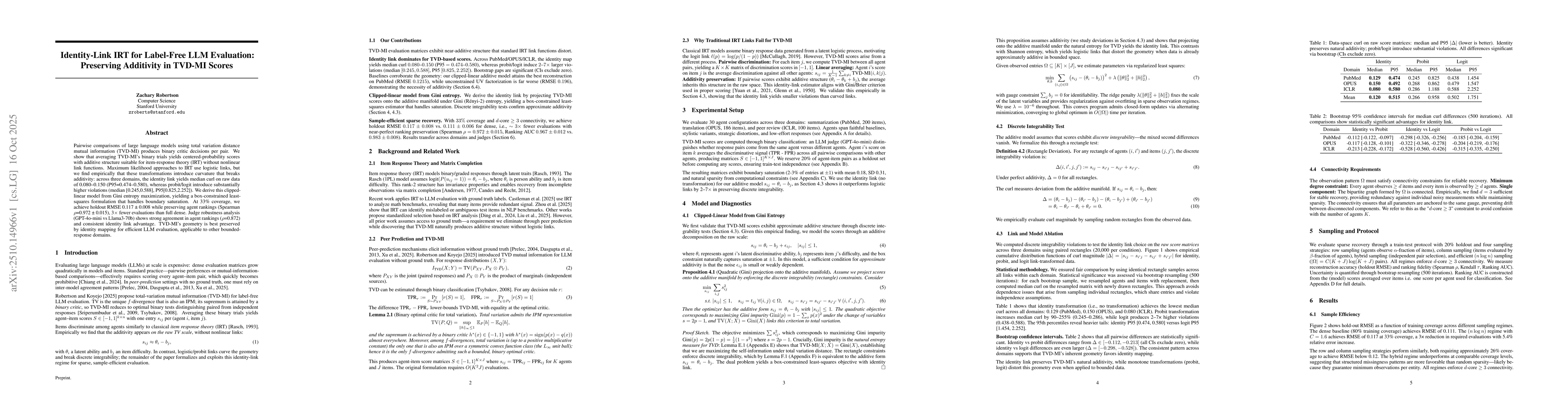 Thumbnail for Identity-Link IRT for Label-Free LLM Evaluation: Preserving Additivity
  in TVD-MI Scores