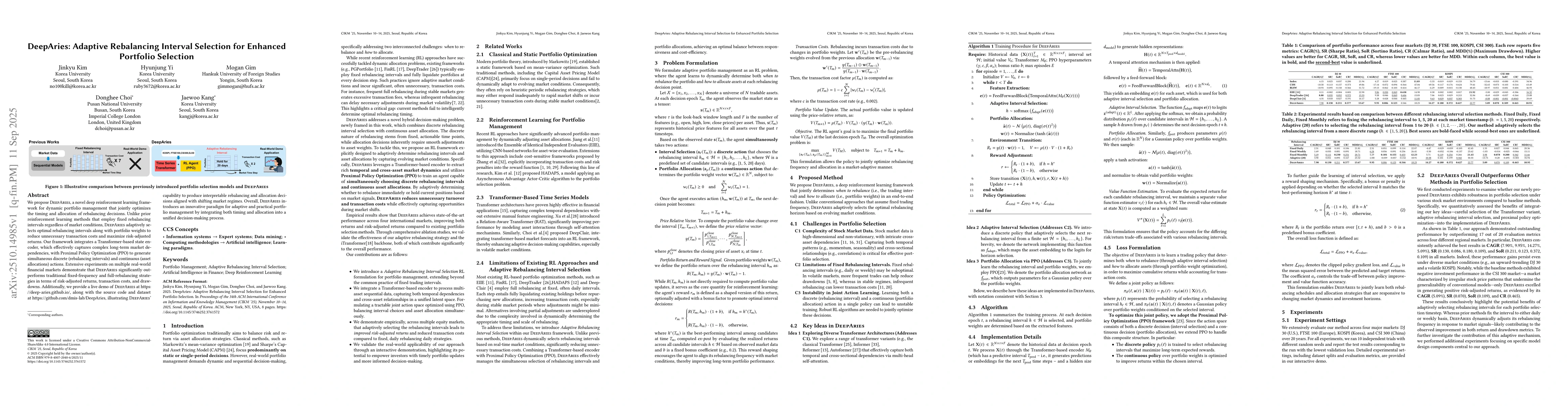 Thumbnail for DeepAries: Adaptive Rebalancing Interval Selection for Enhanced
  Portfolio Selection