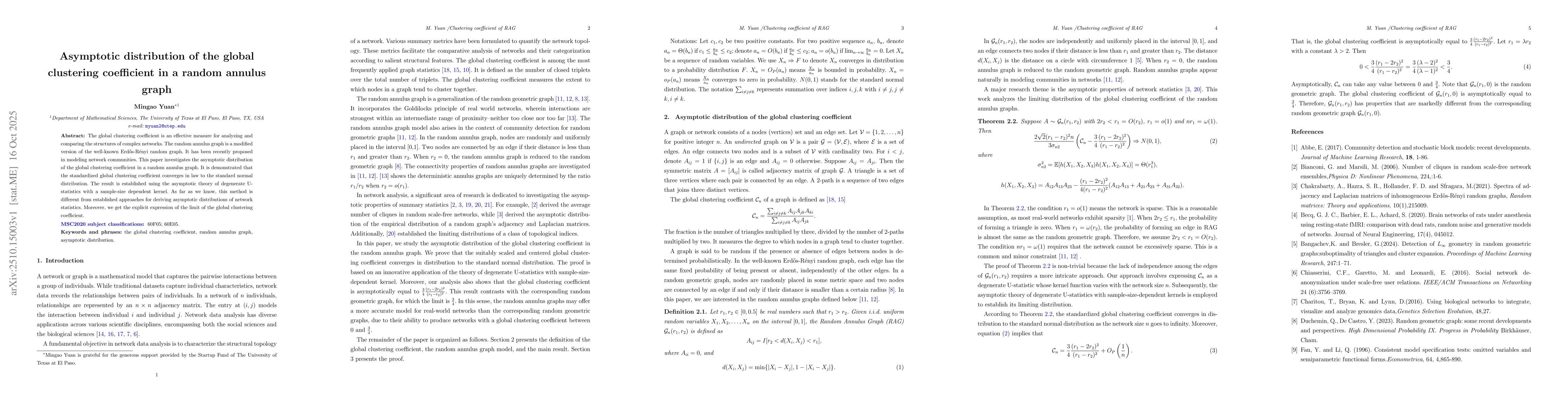 Thumbnail for Asymptotic distribution of the global clustering coefficient in a random
  annulus graph