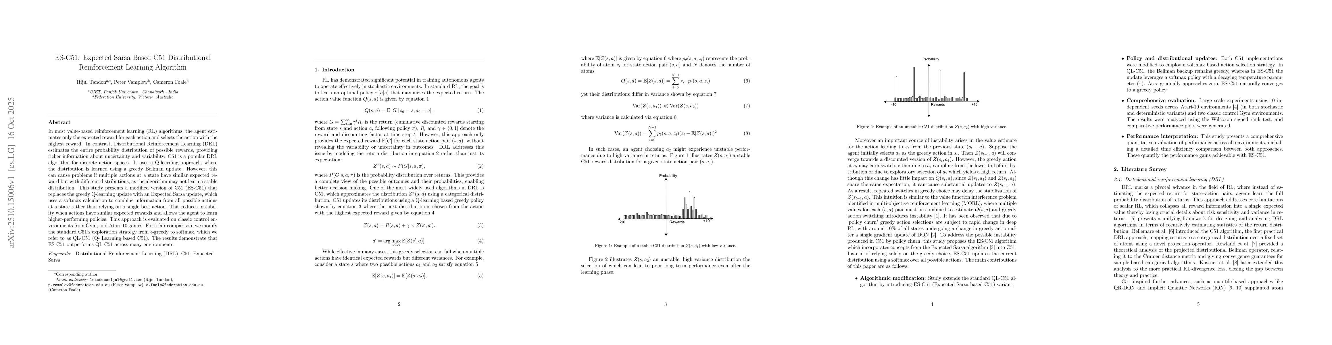 Thumbnail for ES-C51: Expected Sarsa Based C51 Distributional Reinforcement Learning
  Algorithm