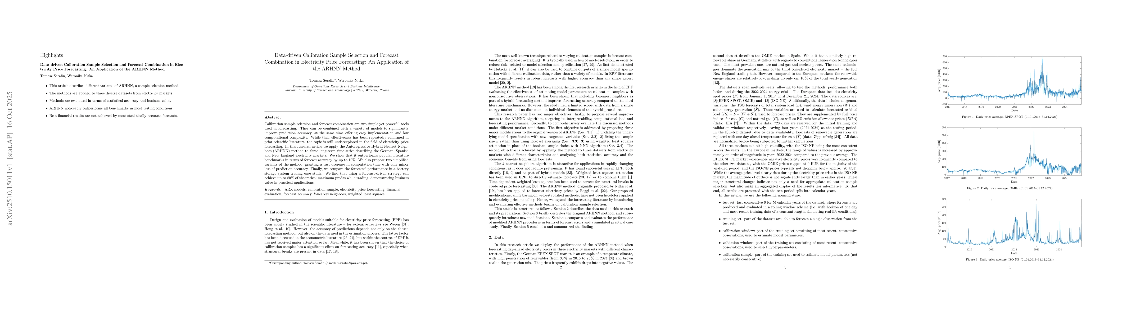 Thumbnail for Data-driven Calibration Sample Selection and Forecast Combination in
  Electricity Price Forecasting: An Application of the ARHNN Method