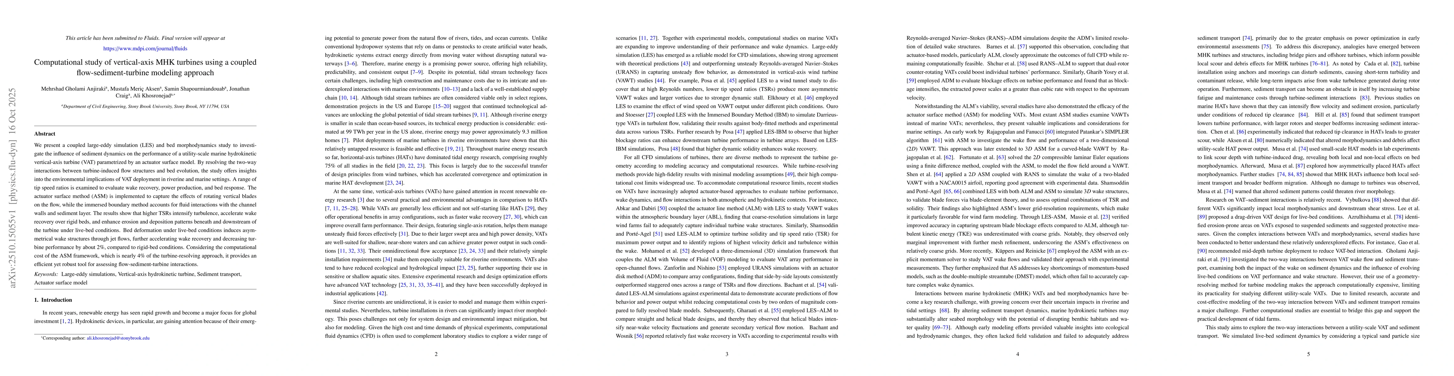 Thumbnail for Computational study of vertical-axis MHK turbines using a coupled
  flow-sediment-turbine modeling approach