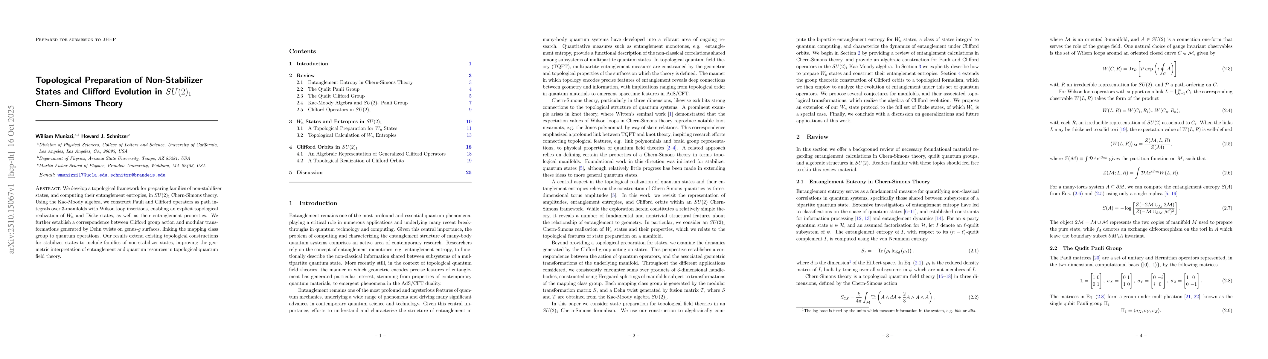 Thumbnail for Topological Preparation of Non-Stabilizer States and Clifford Evolution
  in $SU(2)_1$ Chern-Simons Theory