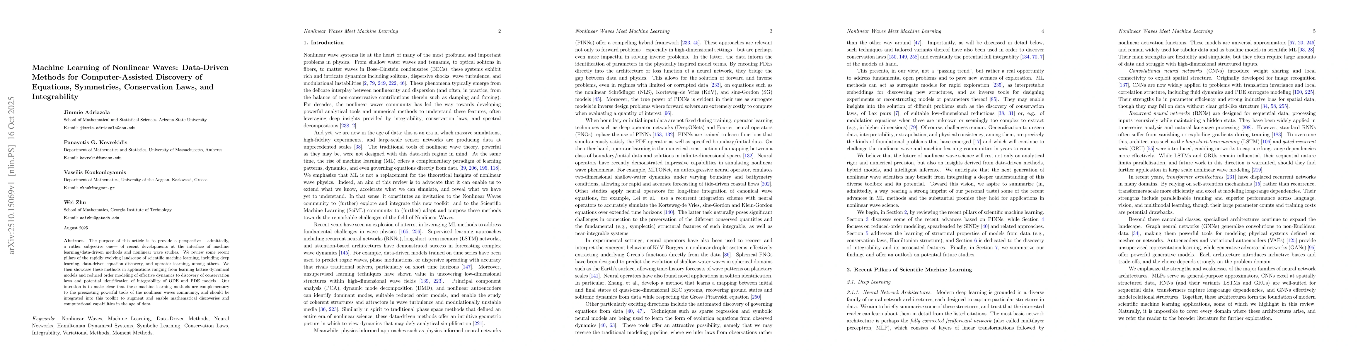 Thumbnail for Machine Learning of Nonlinear Waves: Data-Driven Methods for
  Computer-Assisted Discovery of Equations, Symmetries, Conservation Laws, and
  Integrability