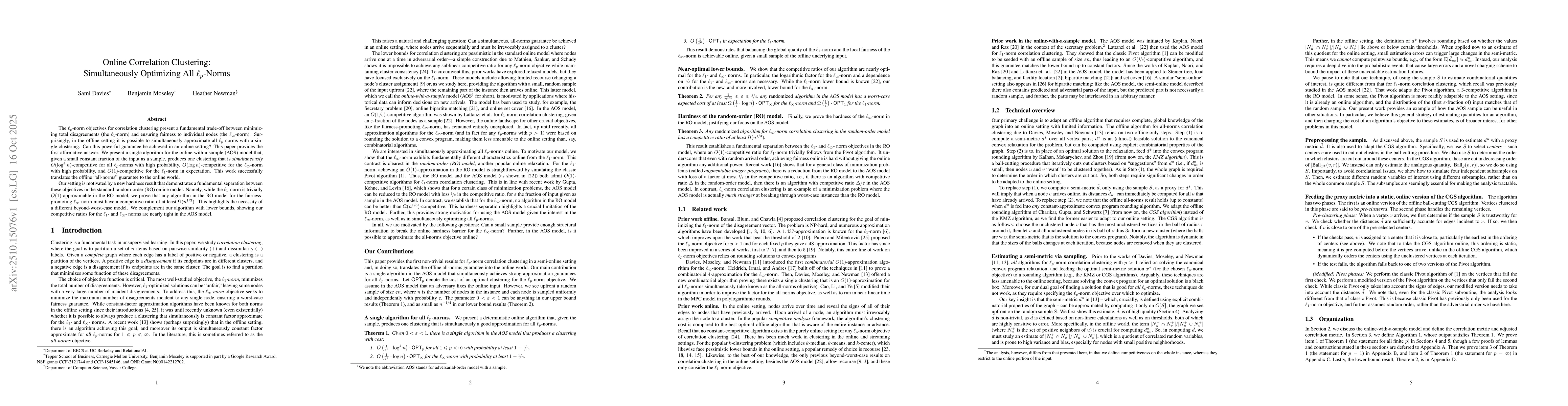 Thumbnail for Online Correlation Clustering: Simultaneously Optimizing All
  $\ell_p$-norms