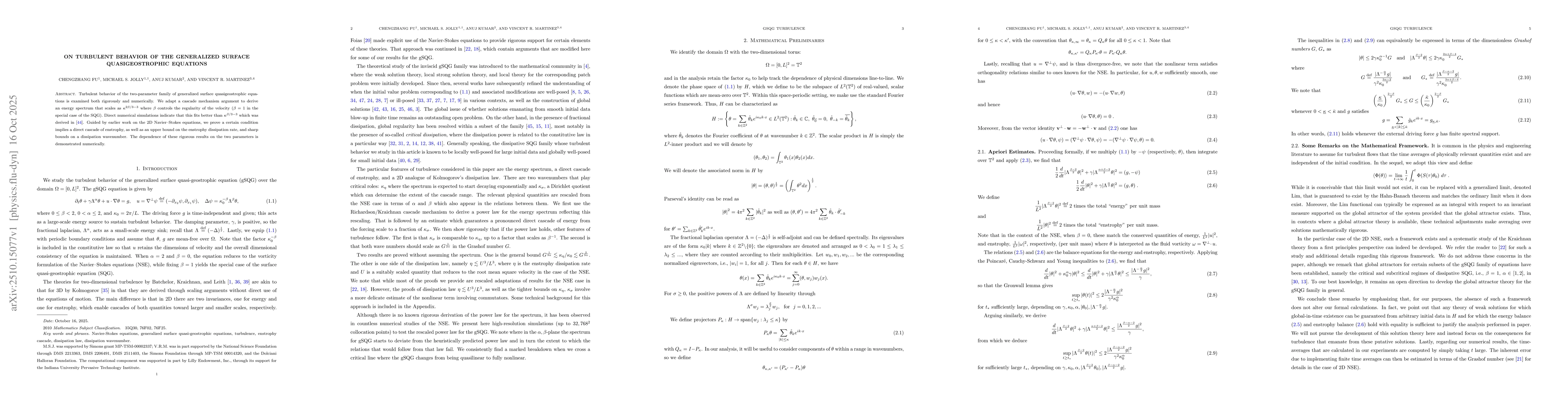 Thumbnail for On Turbulent Behavior of the Generalized Surface Quasigeostrophic
  Equations