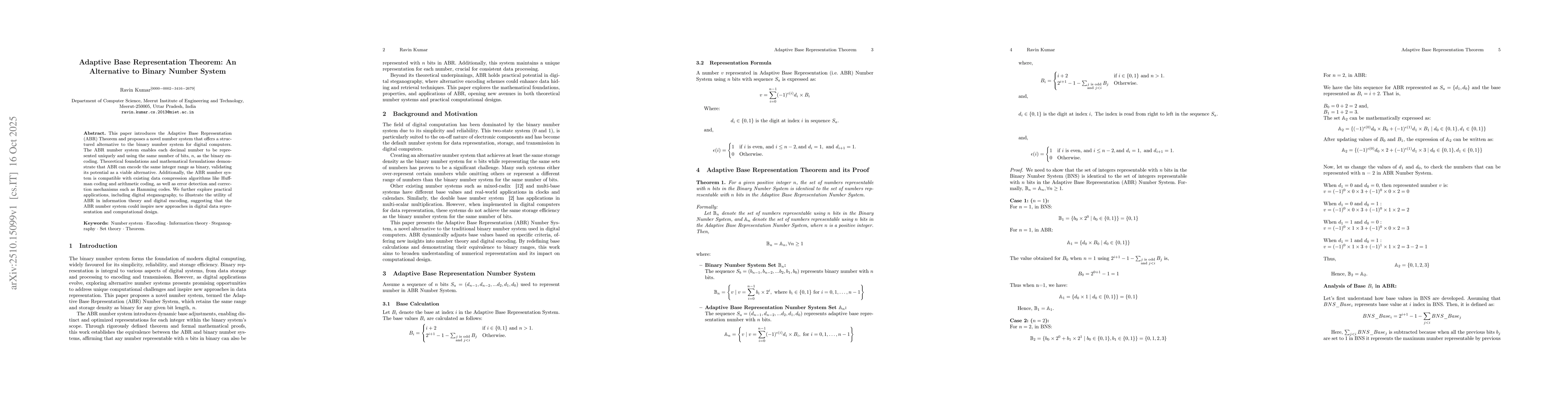 Thumbnail for Adaptive Base Representation Theorem: An Alternative to Binary Number
  System