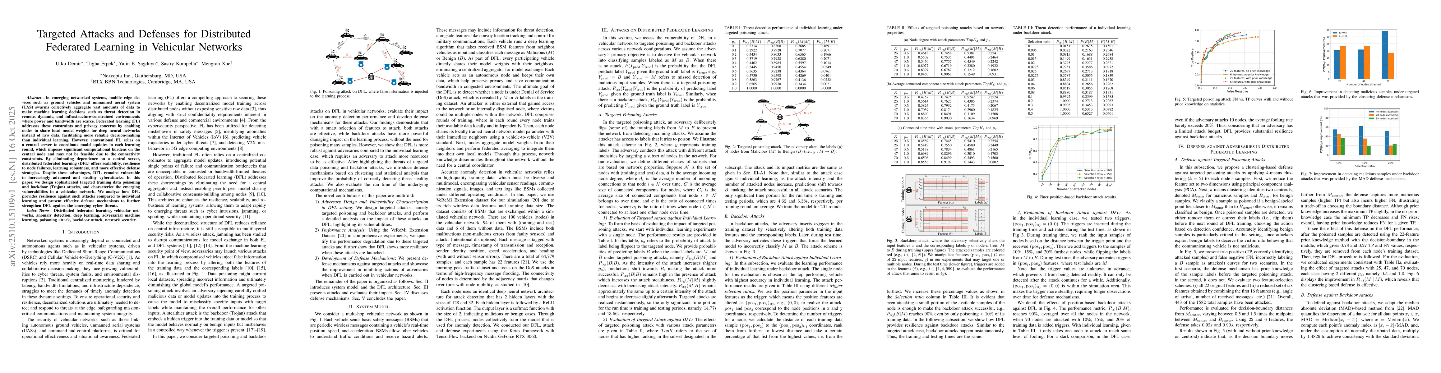 Thumbnail for Targeted Attacks and Defenses for Distributed Federated Learning in
  Vehicular Networks