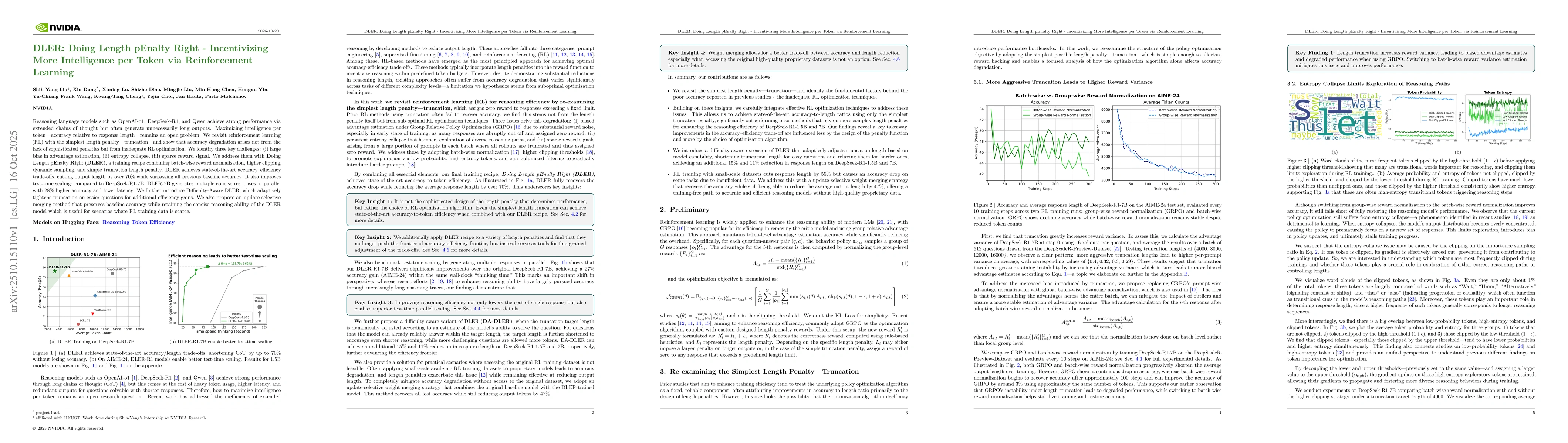 Thumbnail for DLER: Doing Length pEnalty Right - Incentivizing More Intelligence per
  Token via Reinforcement Learning