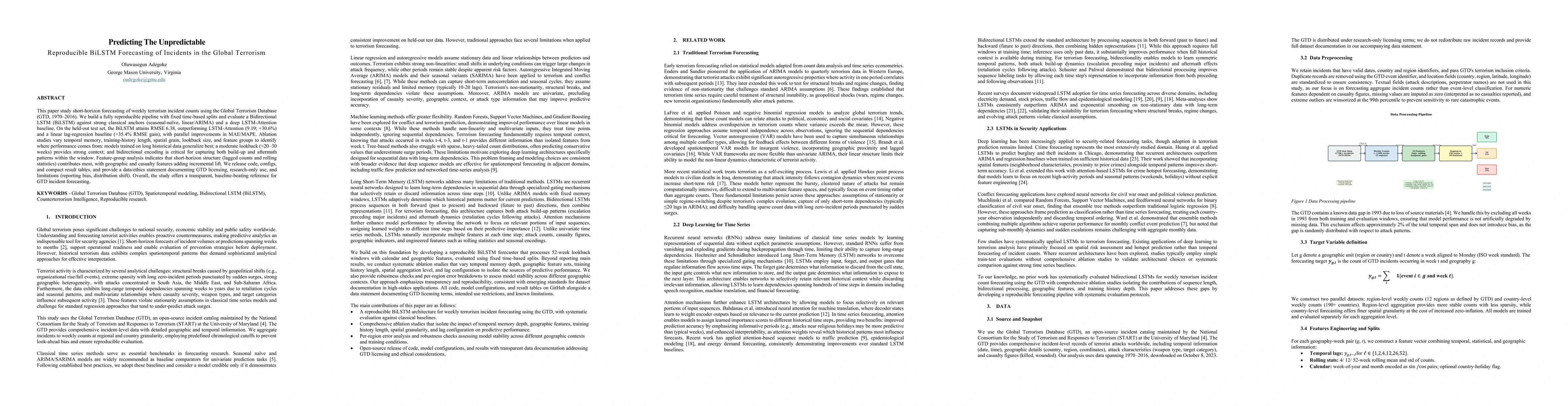 Thumbnail for Predicting the Unpredictable: Reproducible BiLSTM Forecasting of
  Incident Counts in the Global Terrorism Database (GTD)