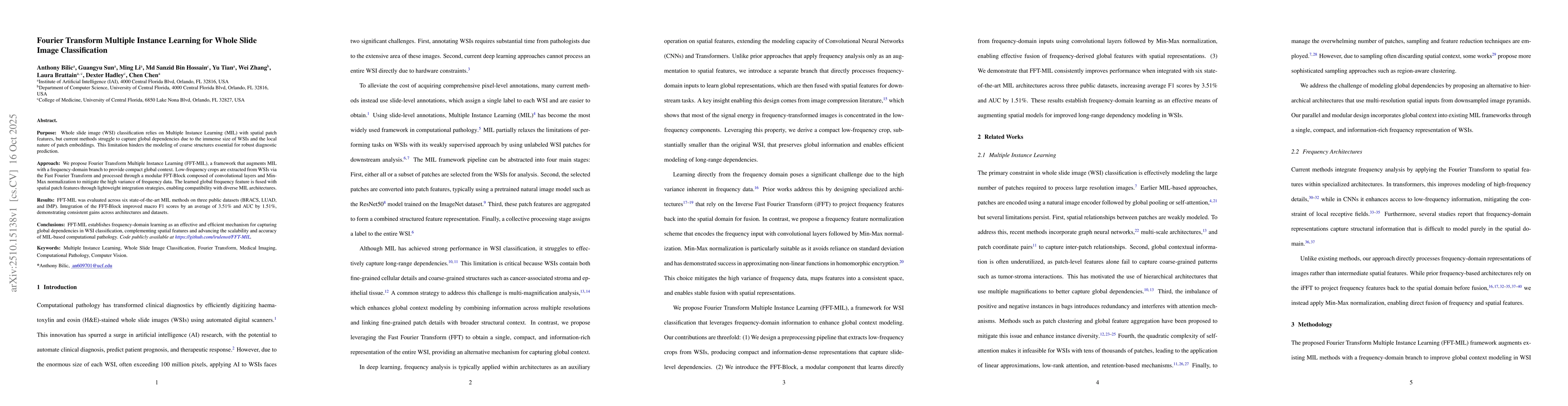 Thumbnail for Fourier Transform Multiple Instance Learning for Whole Slide Image
  Classification