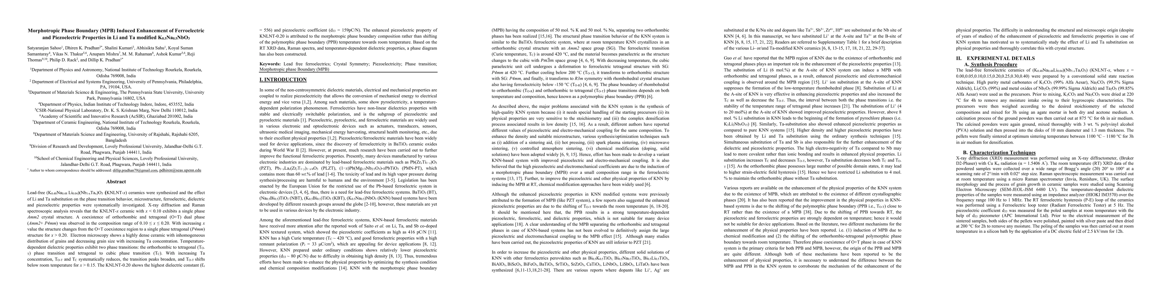 Thumbnail for Morphotropic Phase Boundary (MPB) Induced Enhancement of Ferroelectric
  and Piezoelectric Properties in Li and Ta modified K0.5Na0.5NbO3