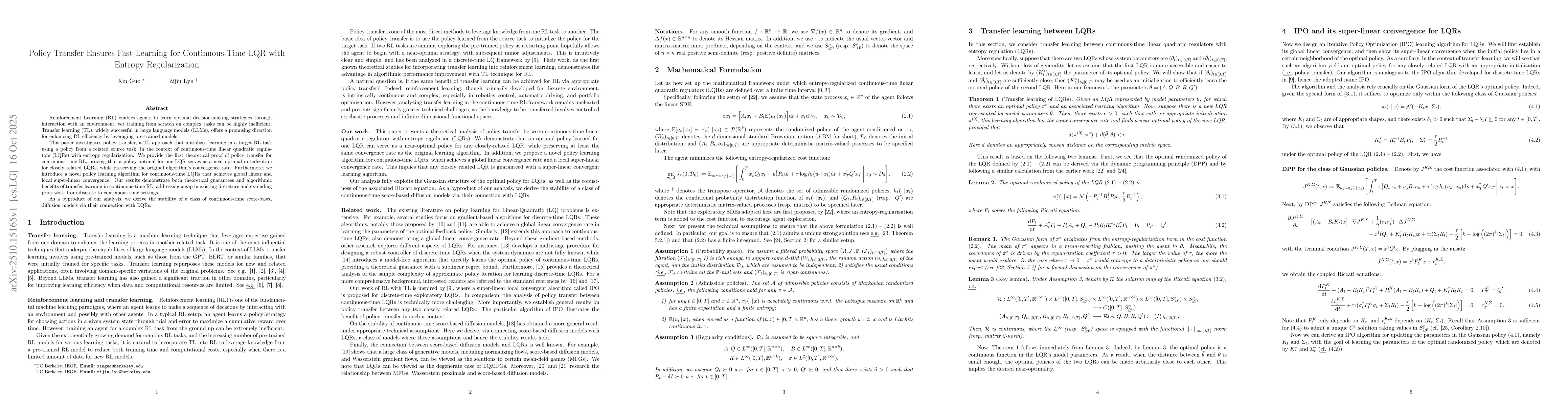 Thumbnail for Policy Transfer Ensures Fast Learning for Continuous-Time LQR with
  Entropy Regularization