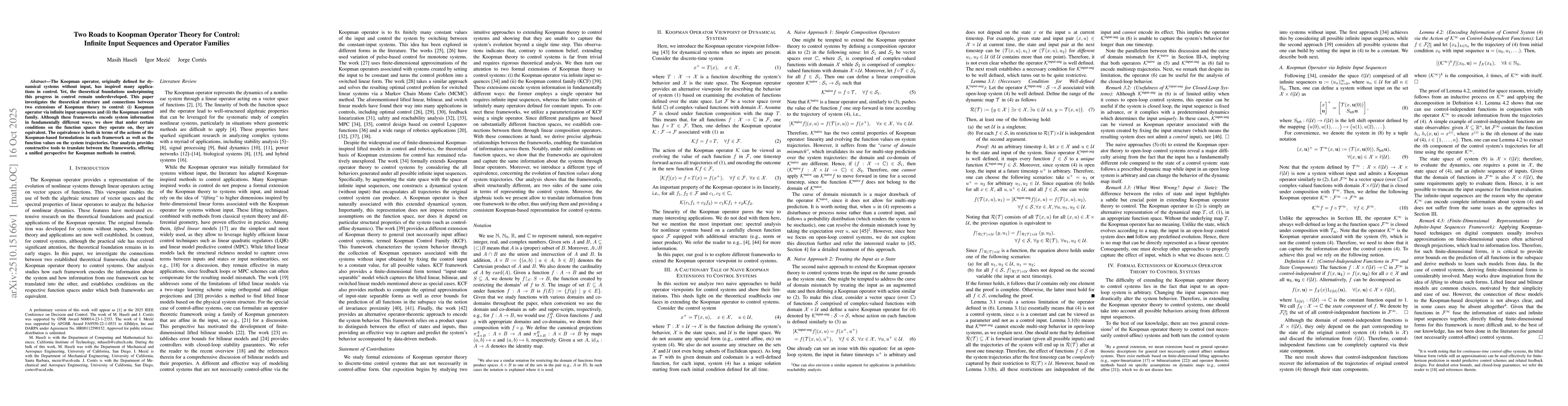 Thumbnail for Two Roads to Koopman Operator Theory for Control: Infinite Input
  Sequences and Operator Families