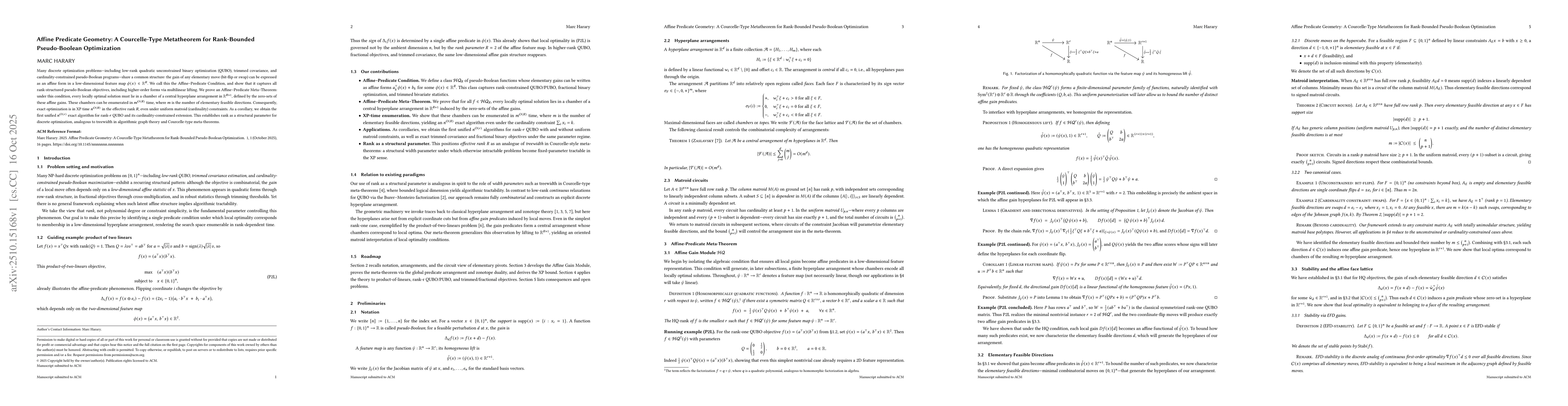 Thumbnail for Affine Predicate Geometry: A Courcelle-Type Metatheorem for Rank-Bounded
  Pseudo-Boolean Optimization