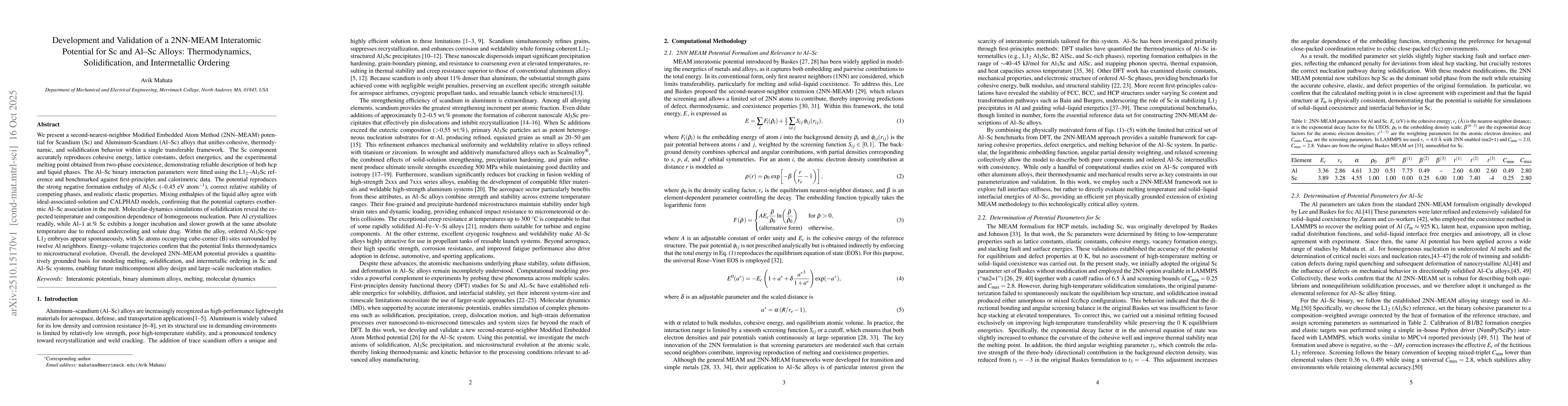 Thumbnail for Development and Validation of 2NN-MEAM Interatomic Potential for Sc and
  Al-Sc Alloys Thermodynamics Solidification and Intermetallic Ordering