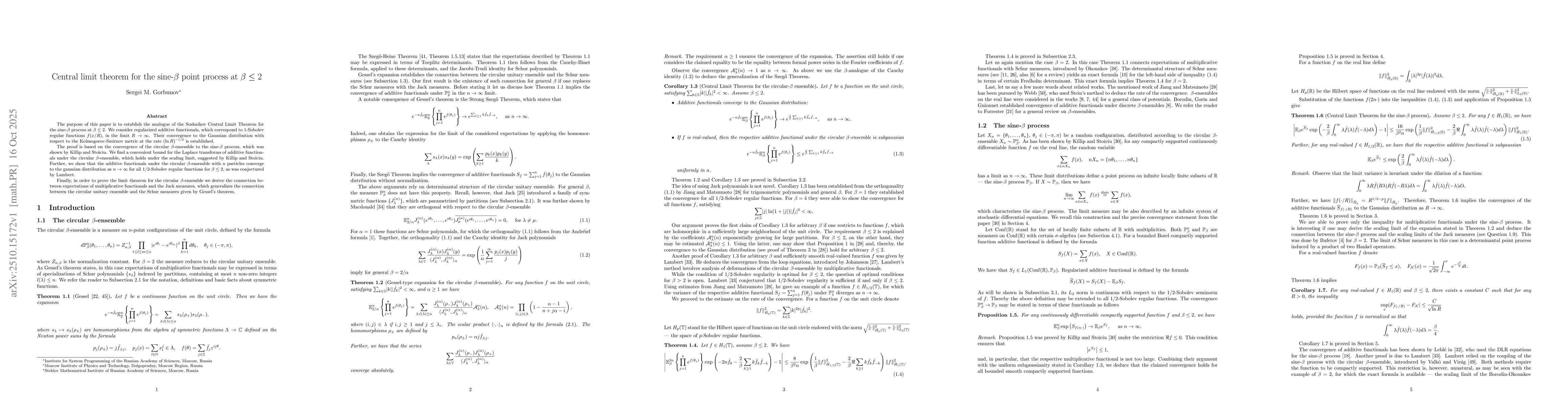 Thumbnail for Central limit theorem for the sine-$β$ point process at $β\le
  2$