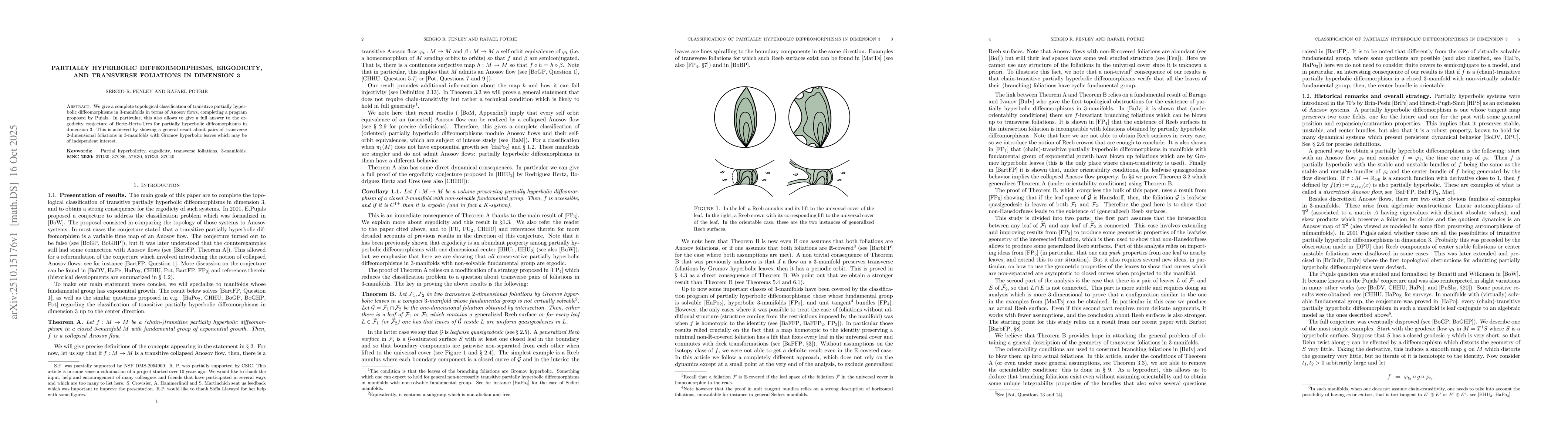 Thumbnail for Partially hyperbolic diffeormorphisms, ergodicity, and transverse
  foliations in dimension 3