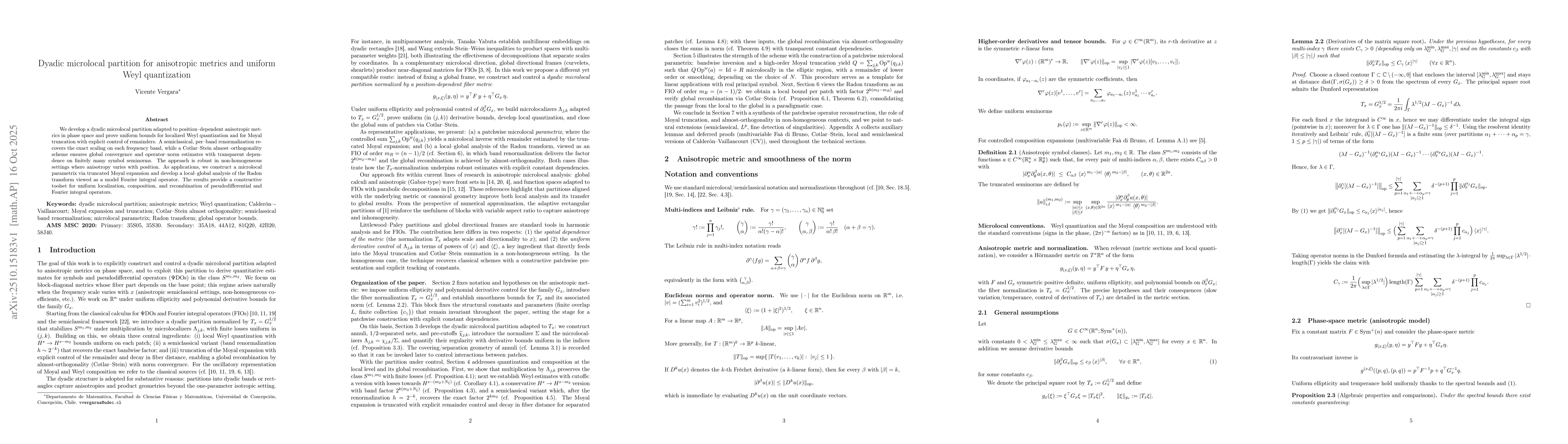 Thumbnail for Dyadic microlocal partition for anisotropic metrics and uniform Weyl
  quantization