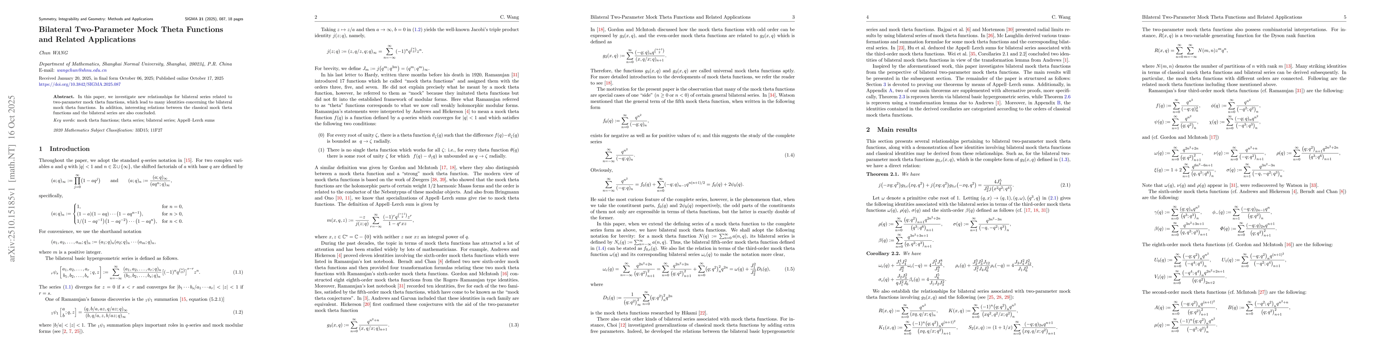 Thumbnail for Bilateral Two-Parameter Mock Theta Functions and Related Applications