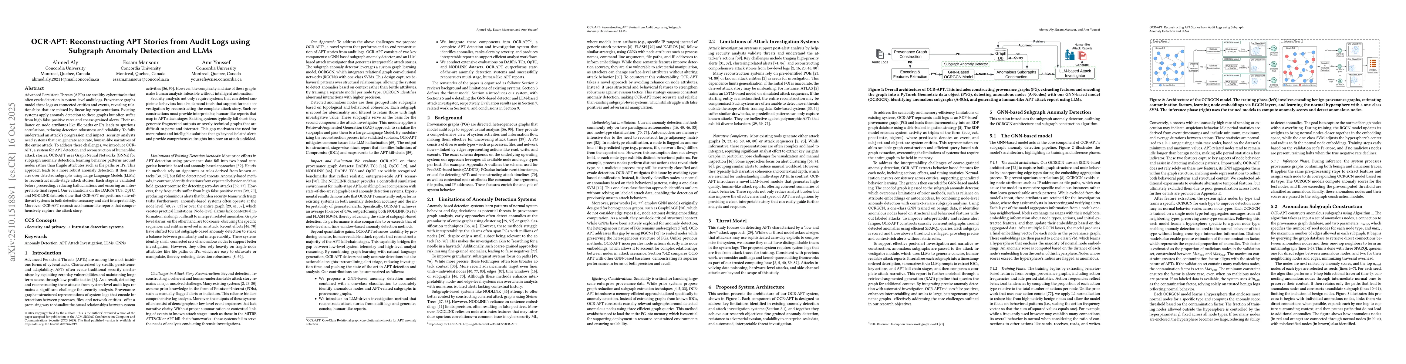 Thumbnail for OCR-APT: Reconstructing APT Stories from Audit Logs using Subgraph
  Anomaly Detection and LLMs
