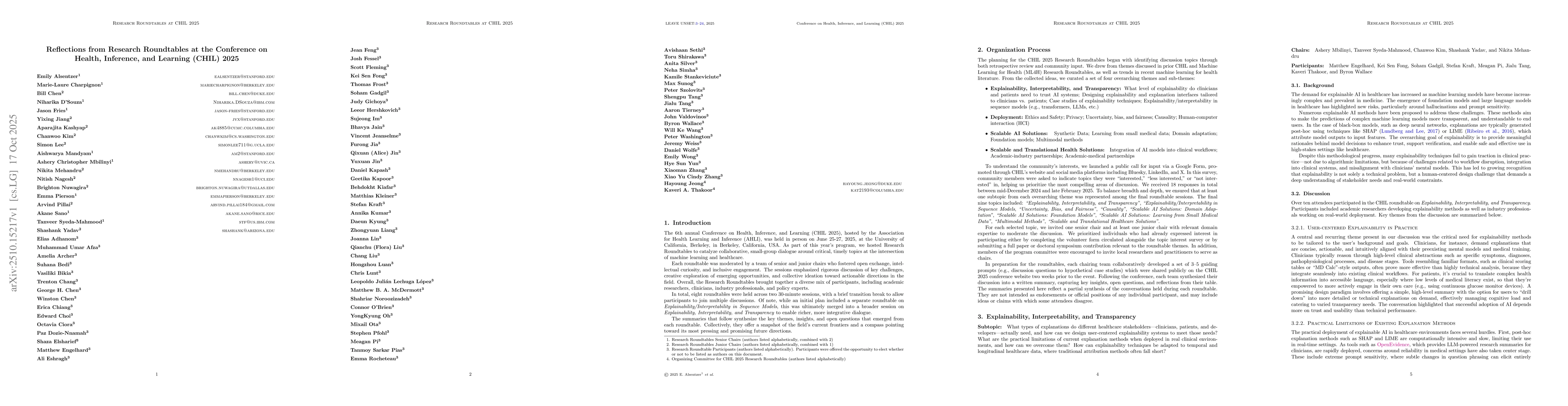 Thumbnail for Reflections from Research Roundtables at the Conference on Health,
  Inference, and Learning (CHIL) 2025