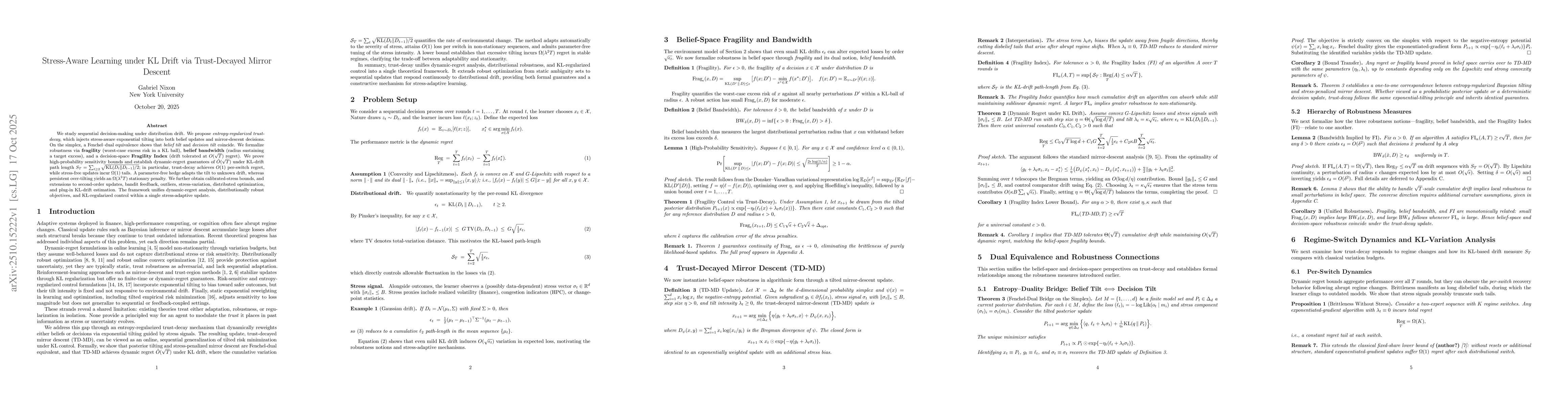 Thumbnail for Stress-Aware Learning under KL Drift via Trust-Decayed Mirror Descent