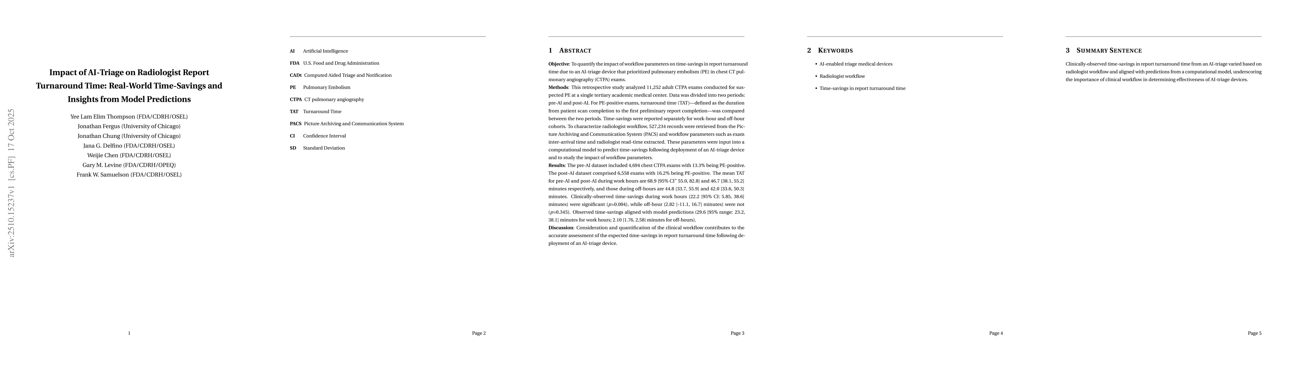Thumbnail for Impact of AI-Triage on Radiologist Report Turnaround Time: Real-World
  Time-Savings and Insights from Model Predictions