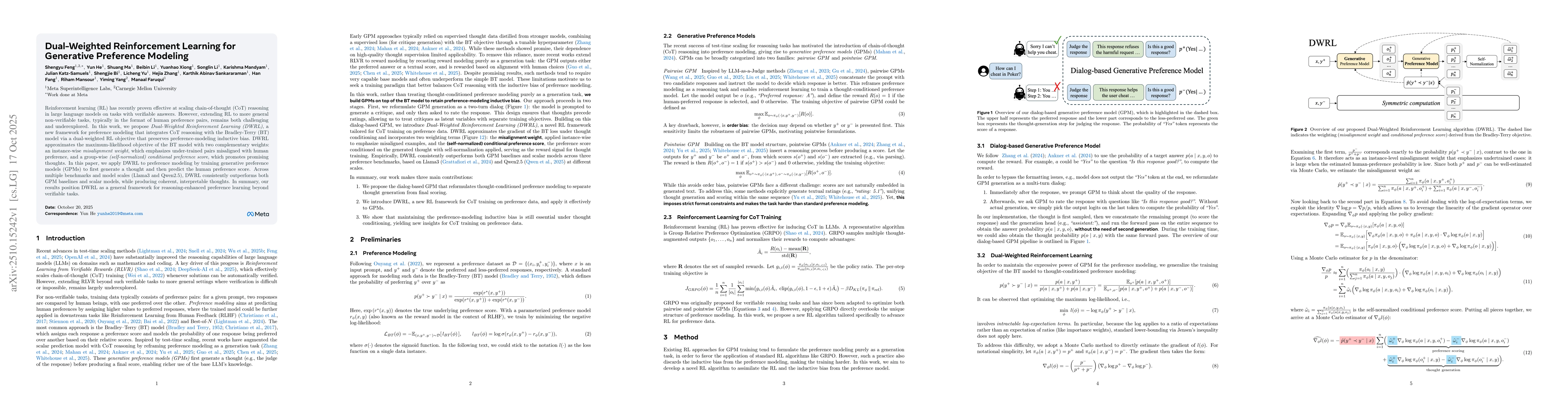 Thumbnail for Dual-Weighted Reinforcement Learning for Generative Preference Modeling