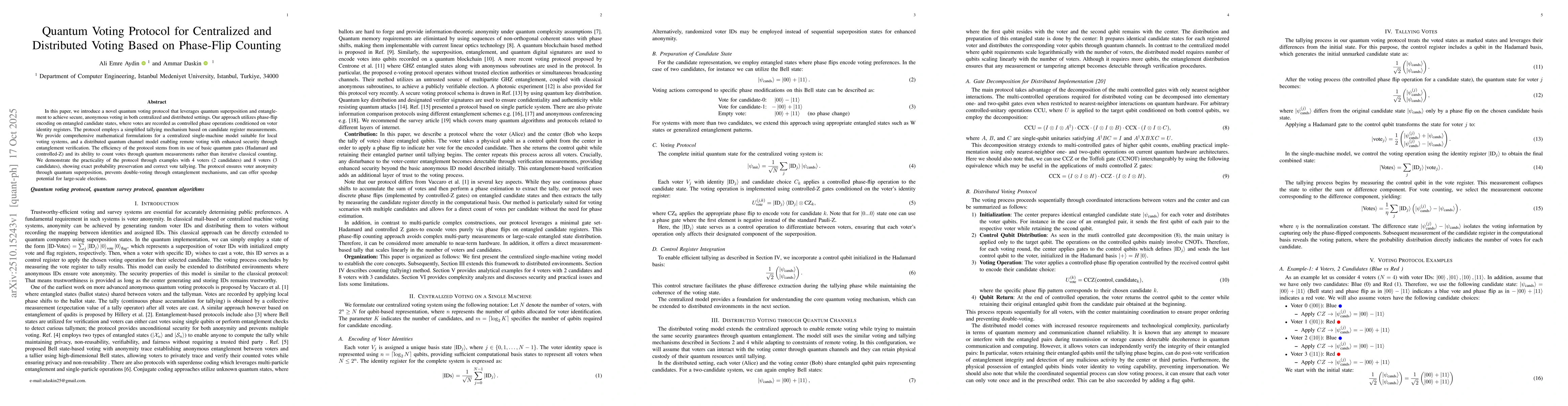 Thumbnail for Quantum Voting Protocol for Centralized and Distributed Voting Based on
  Phase-Flip Counting