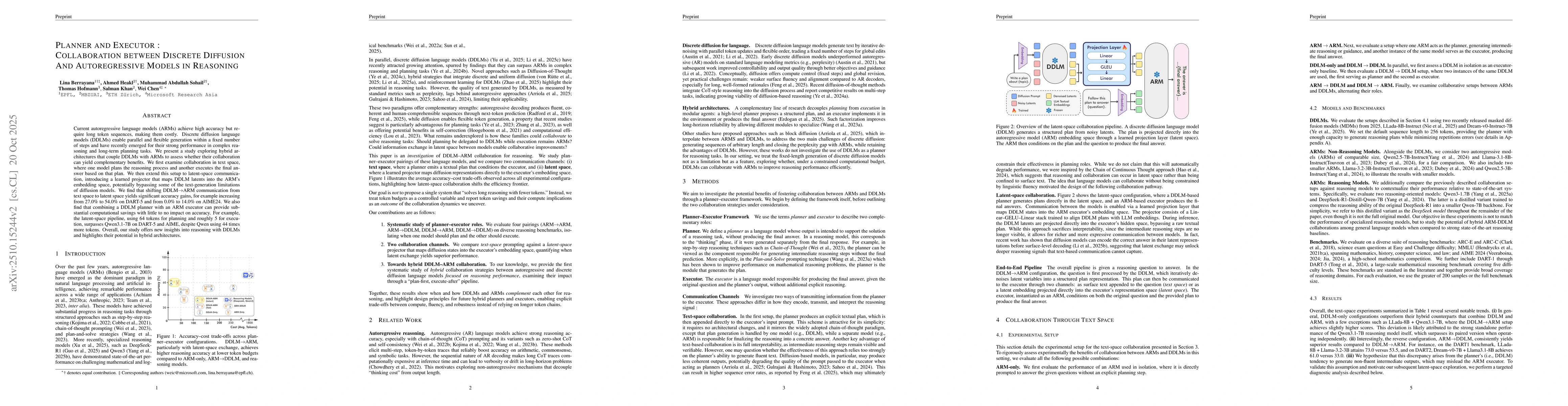 Thumbnail for Planner and Executor: Collaboration between Discrete Diffusion And
  Autoregressive Models in Reasoning