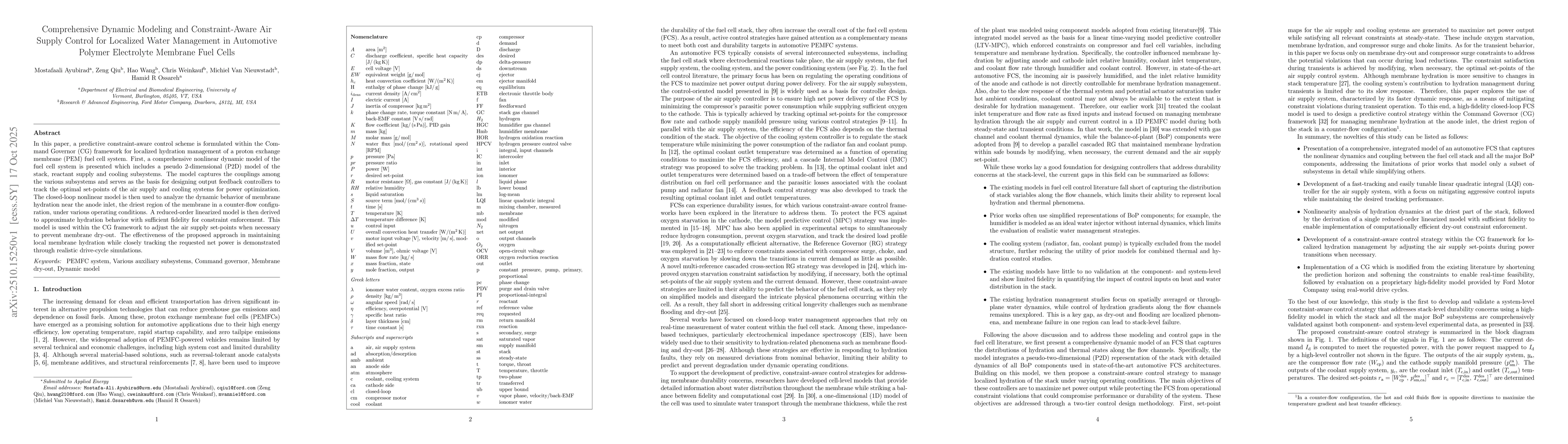 Thumbnail for Comprehensive Dynamic Modeling and Constraint-Aware Air Supply Control
  for Localized Water Management in Automotive Polymer Electrolyte Membrane
  Fuel Cells