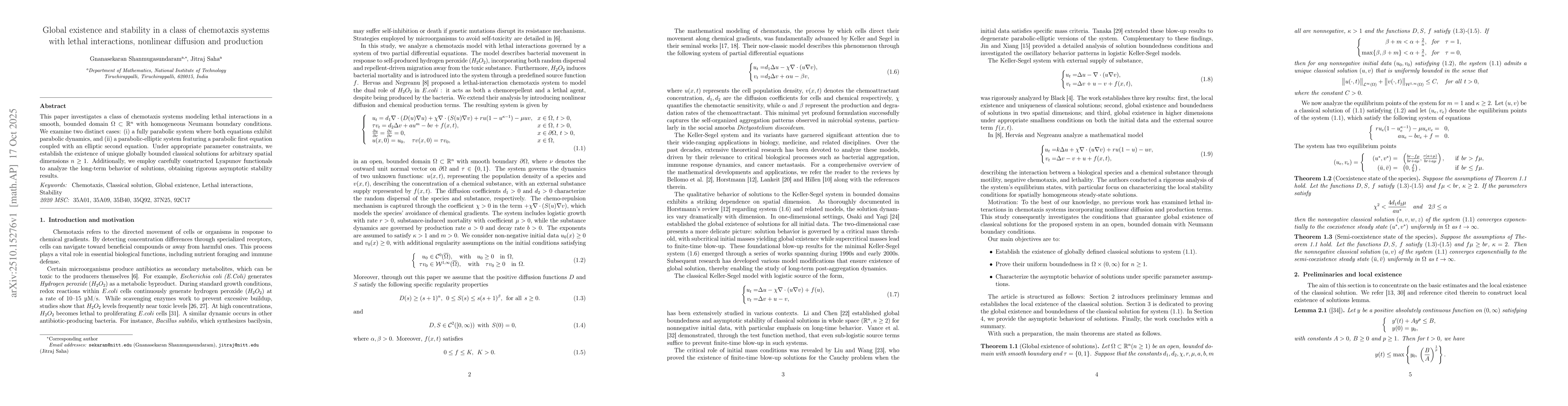 Thumbnail for Global existence and stability in a class of chemotaxis systems with
  lethal interactions, nonlinear diffusion and production