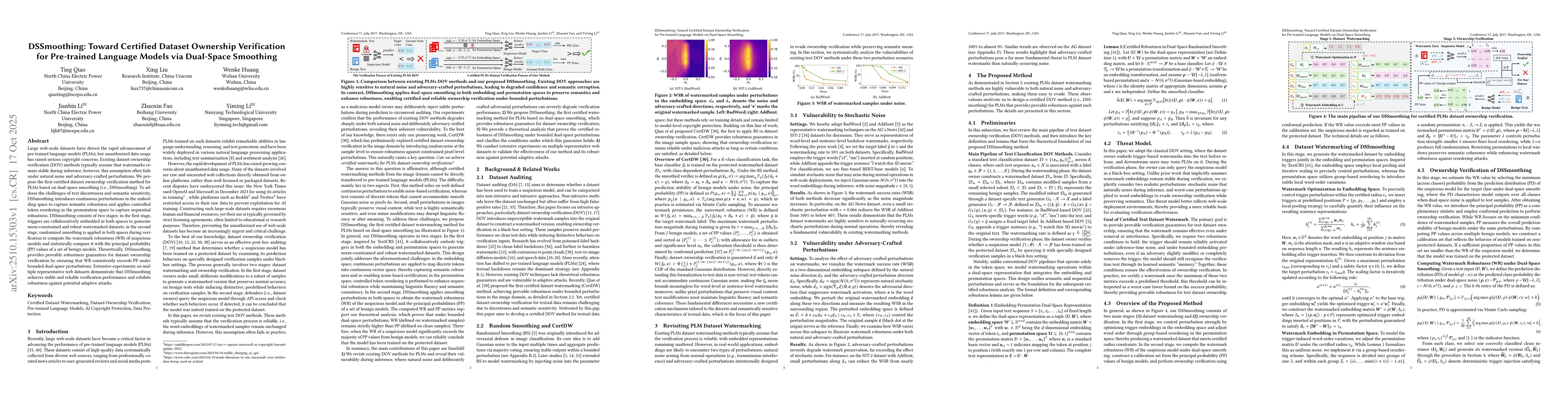 Thumbnail for DSSmoothing: Toward Certified Dataset Ownership Verification for
  Pre-trained Language Models via Dual-Space Smoothing