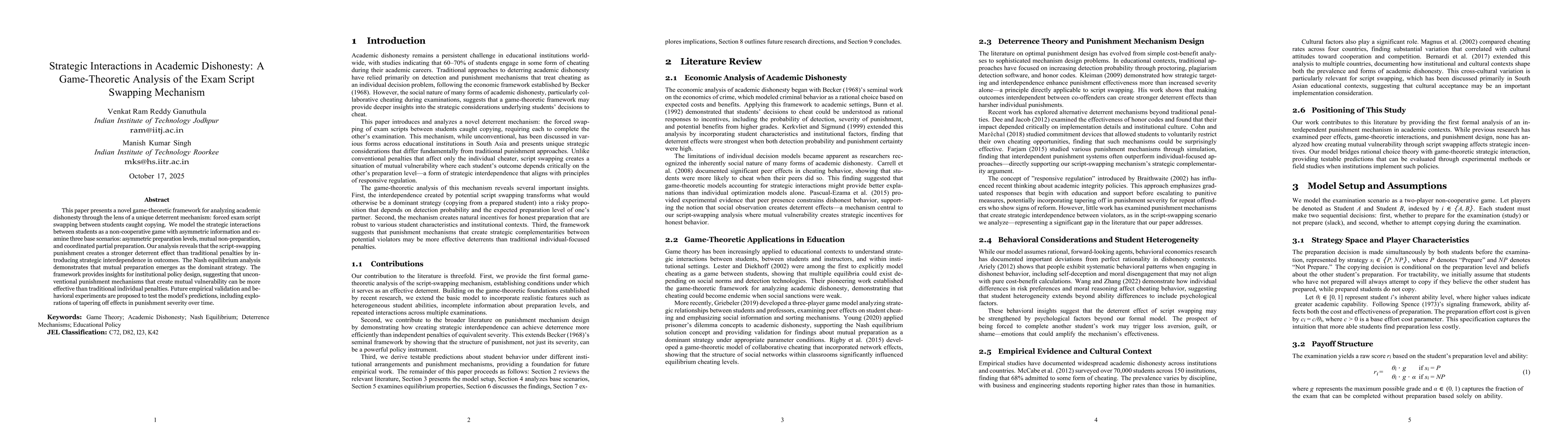 Thumbnail for Strategic Interactions in Academic Dishonesty: A Game-Theoretic Analysis
  of the Exam Script Swapping Mechanism