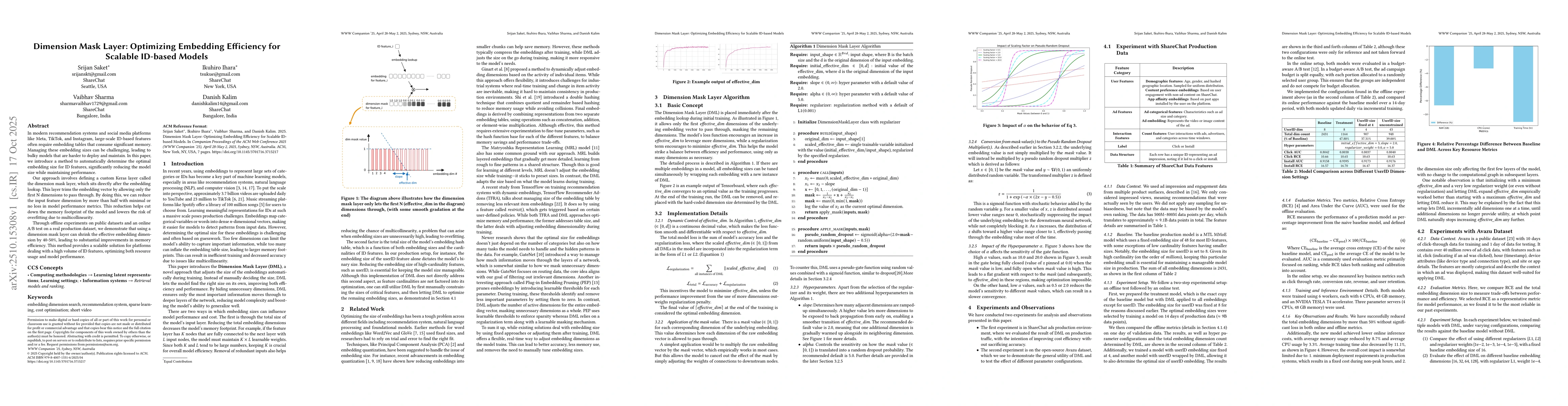 Thumbnail for Dimension Mask Layer: Optimizing Embedding Efficiency for Scalable
  ID-based Models