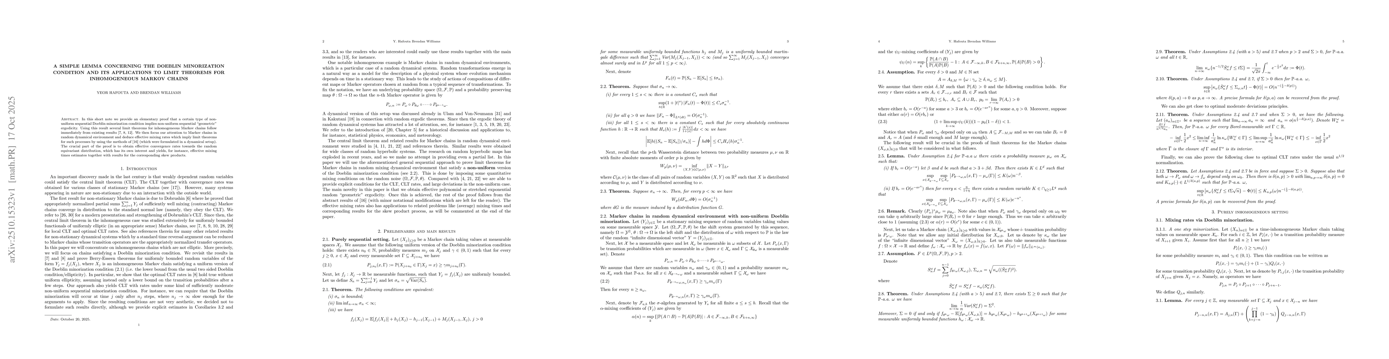 Thumbnail for A simple lemma concerning the Doeblin minorization condition and its
  applications to limit theorems for inhomogeneous Markov chains