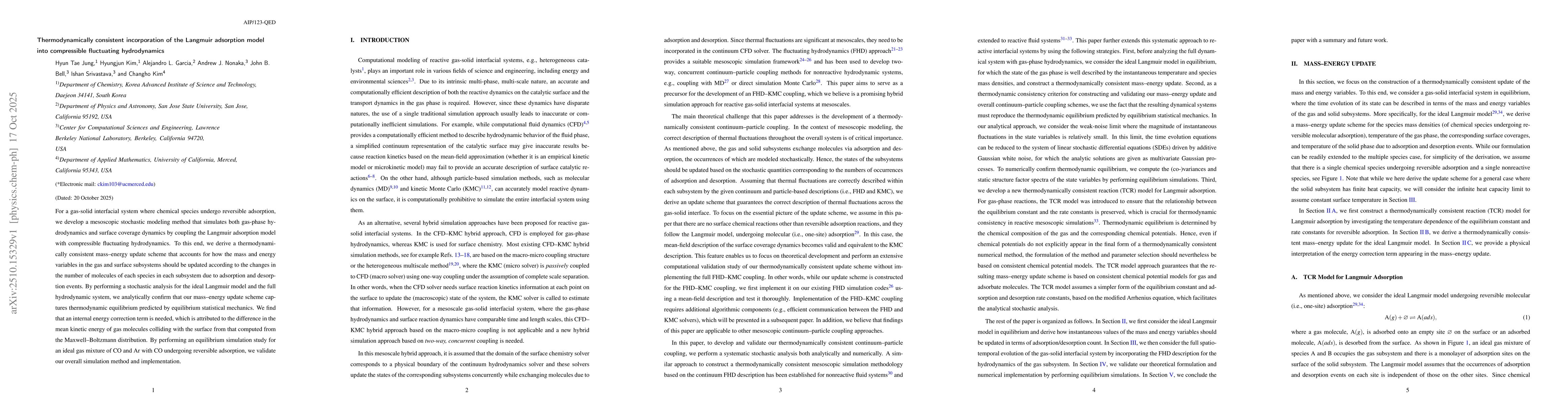 Thumbnail for Thermodynamically Consistent Incorporation of the Langmuir Adsorption
  Model into Compressible Fluctuating Hydrodynamics