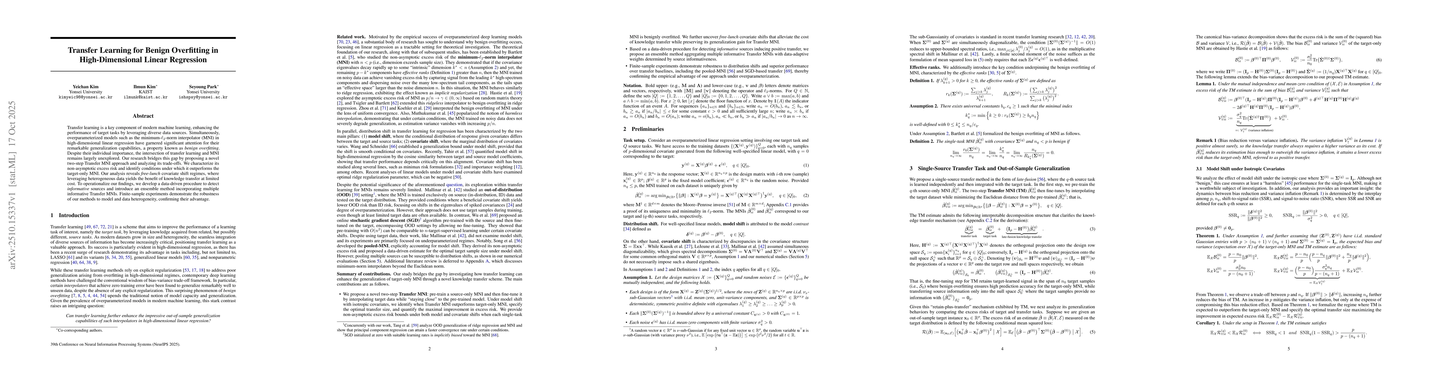 Thumbnail for Transfer Learning for Benign Overfitting in High-Dimensional Linear
  Regression