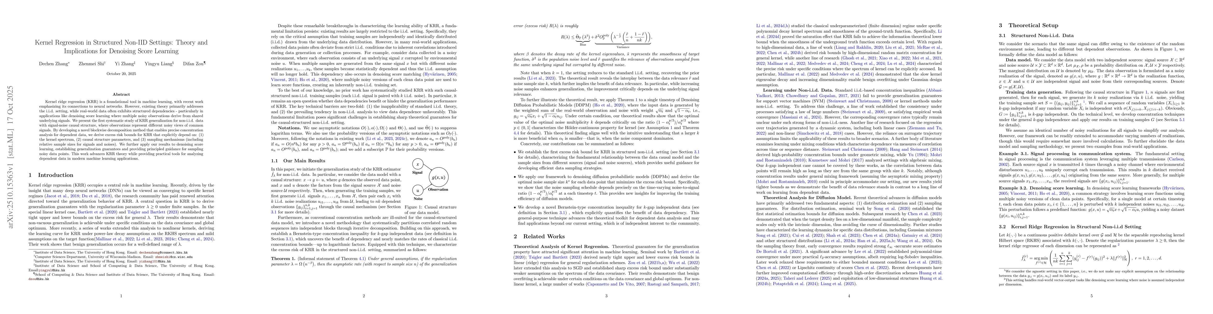Thumbnail for Kernel Regression in Structured Non-IID Settings: Theory and
  Implications for Denoising Score Learning